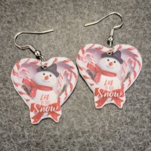 Snowman Heart Earrings with Candy Cane Design